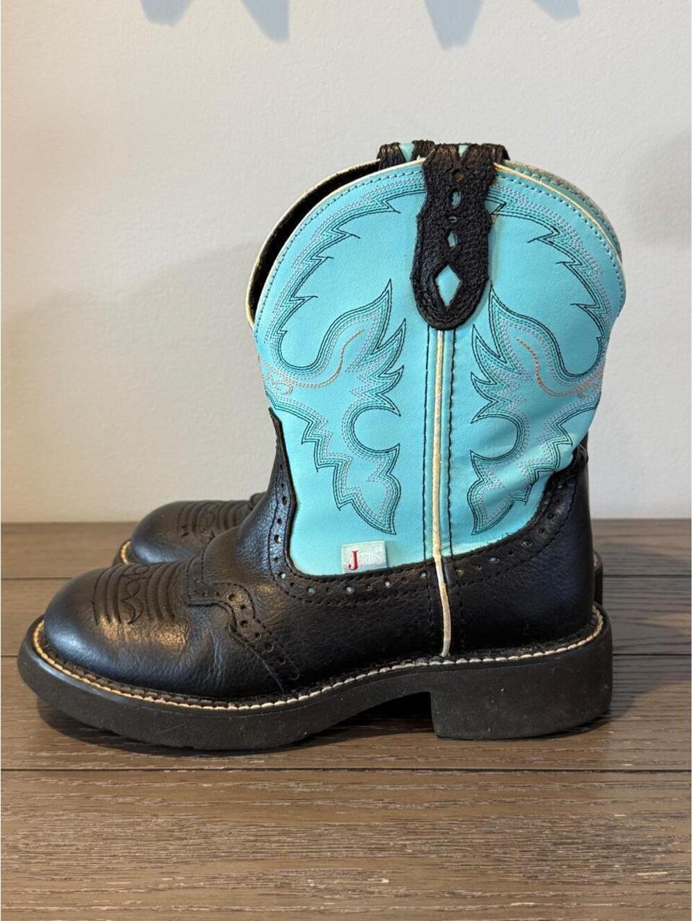 Justin Boots Gypsy Western Cowboy Boots Black with Light Blue Winged Embroidery